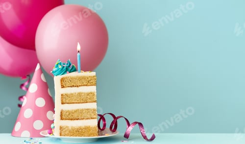 Preview: Slice of birthday cake with birthday candle and balloons