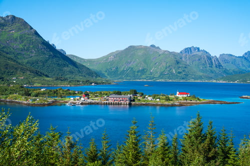 Preview: Amazing view at Lofoten islands, Austnesfjorden, Norway. Fjord summer landscape travelers rest area