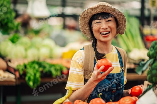Preview: Asian woman joyfully holds tomatoes in both hands at a market