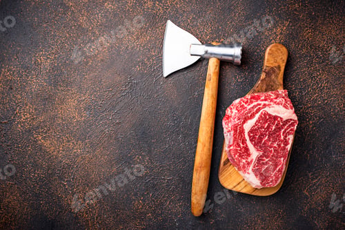 Preview: Raw marbled ribeye steak and butchers knife