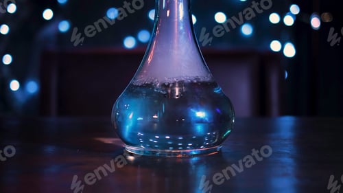 Preview: Camera moving towards the glass flask vase for a hookah. Media. Transparent flask with water on dark
