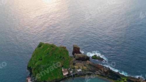 Preview: Drone calm ocean seashore on sunset. Rippling water surface reflecting light.
