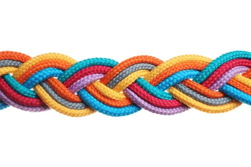 Preview: Braided colorful ropes isolated on white. Unity concept