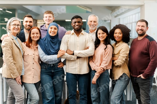 Preview: Group portrait of smiling multiracial business people looking at camera in modern office. Meeting