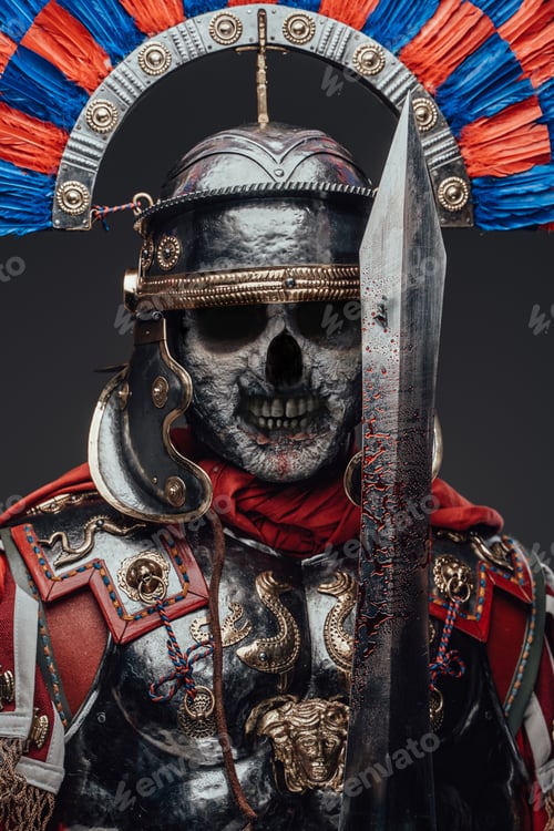 Preview: Dead roman soldier with bloody sword against gray background