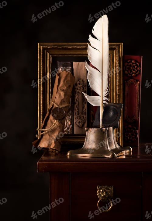 Preview: Vintage books, antique inkwell with feather and manuscript with wax seal