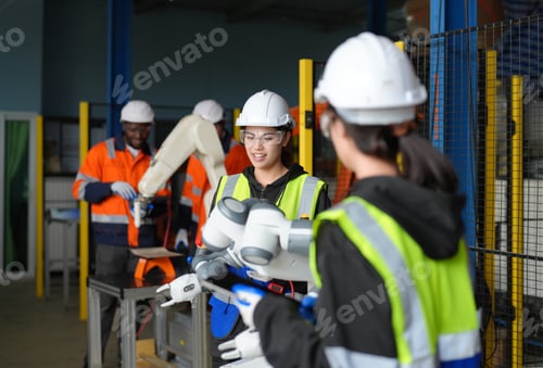 Preview: Female Engineer check and control automation robot arms machine in factory. robotics manufacturing.