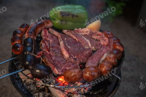 Preview: Closeup shot of typical Uruguayan and Argentine Asado cooking on a grill