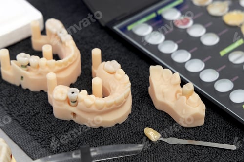 Preview: Silicone jaws with tooth implants near dental professional equipment, orthodont desktop