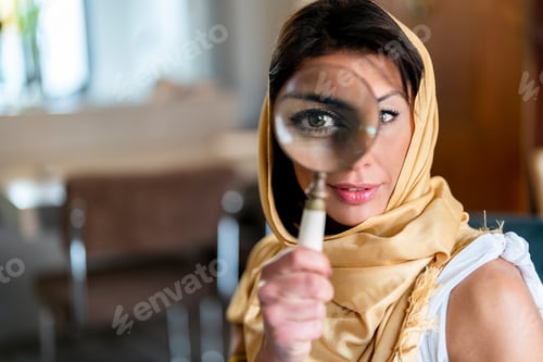 Preview: Ethnic woman in headscarf looking through magnifying glass