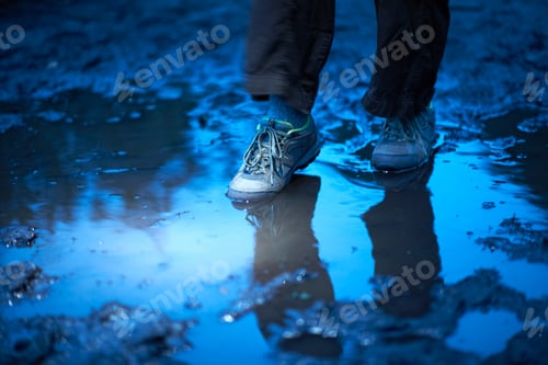 Preview: Feet of female hiker stepping in muddy puddle