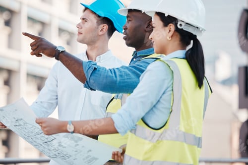 Preview: Architect, blueprint or building engineer meeting or planning architecture design strategy. Team di
