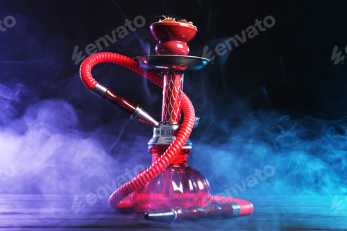 Preview: Hookah on wooden table with smoke in color lights against black background