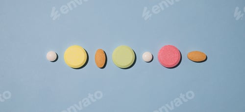 Preview: A variety of tablets, vitamins and nutritional supplements of different colors are dynamically poure