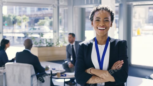 Vista previa: Business woman, portrait and confidence with meeting for convention, workshop or team social at off