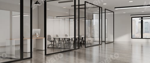Preview: Spacious modern 3D office corridor with meeting rooms, panoramic city view.