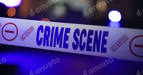 Preview: Police, sirens and yellow tape for crime scene, investigation and barricade in night for warning, d