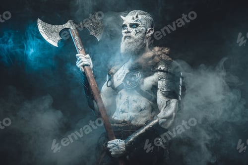 Preview: Frosty fog and northern warrior with huge axe and naked torso
