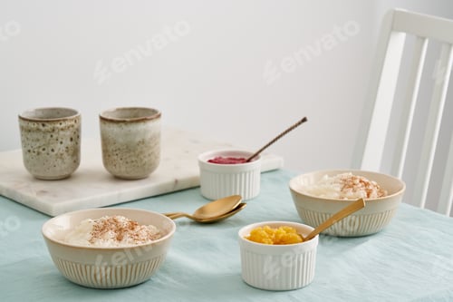 Preview: Sunday morning breakfast or lunch with two bowl of french milk rice porridge dessert. Rice pudding