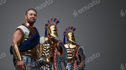 Preview: Ancient greek warriors standing in formation isolated on grey