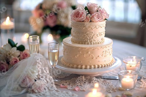 Preview: A traditional wedding cake displayed on a table at a ceremony venue