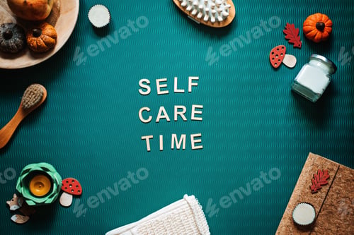 Preview: Self-care time word on green background flat lay. Self-care time text wooden letters with body face