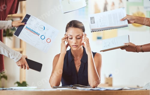 Preview: Stress, headache and burnout with business woman feeling overwhelmed by a busy schedule and deadlin