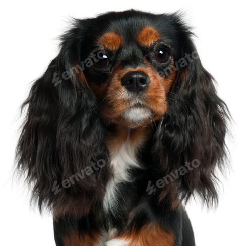 Preview: Close-up of Cavalier King Charles Spaniel, 11 months old, in front of white background