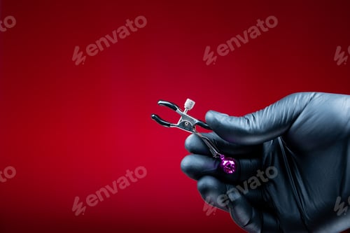 Preview: hands in black gloves holding nipple clamps for a woman for sexual bdsm games