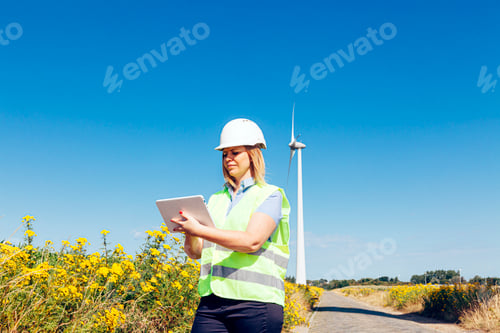 Preview: female wind engineer checking a tablet in a turbines field.