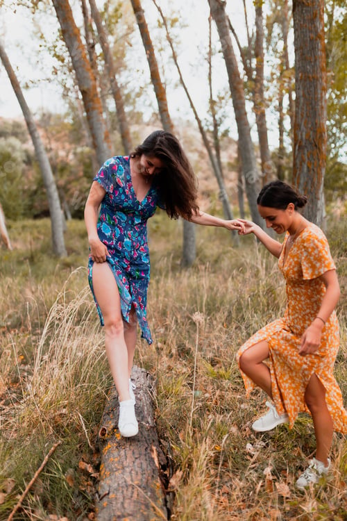Preview: A couple of lesbians walking over a fallen tree