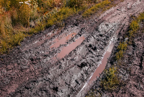 Preview: A close-up view of puddles of water on a muddy country road with a track