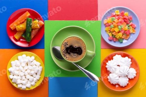 Preview: Cup of coffee and sweets at colorful abstract background texture. Coffee break time