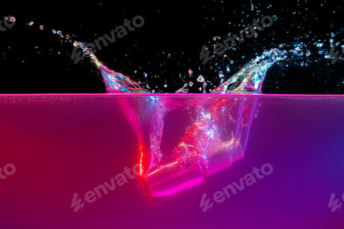 Preview: Glass bottle with dispenser diving into water against dark background