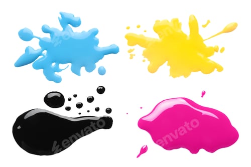 Preview: Printer ink of different colors. Set of spots isolated on white, top view