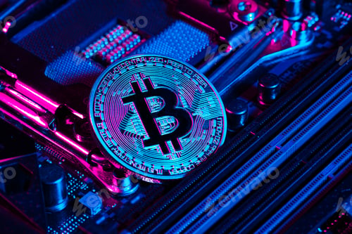 Preview: golden bitcoin and computer chip in background