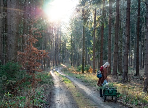 Visualização: Mãe andando com uma criança em uma carroça em uma floresta