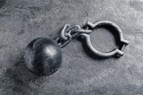 Preview: Prisoner ball with chain on grey table, top view