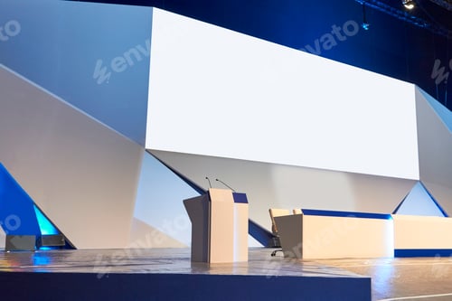 Preview: Conference hall. Convention center with podium. Professional meeting. Summit