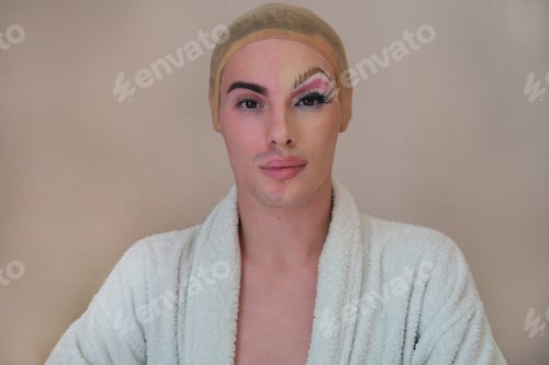 Preview: Half man half woman make up person. Drag queen person with and without make up.