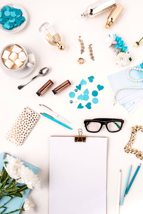 Preview: Still life of fashion woman, blue objects on white