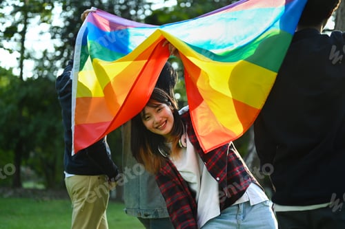Preview: Group of young activist with pride rainbow flag, love symbol of LGBT community.