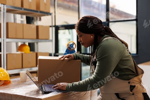 Preview: Stockroom employee checking customers orders on laptop