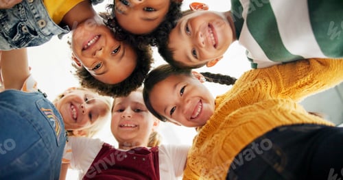 Preview: Huddle, support and happy children in school for education, community or development. Low angle, di