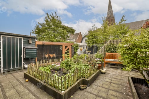 Preview: the backyard has a garden with a bench and plants