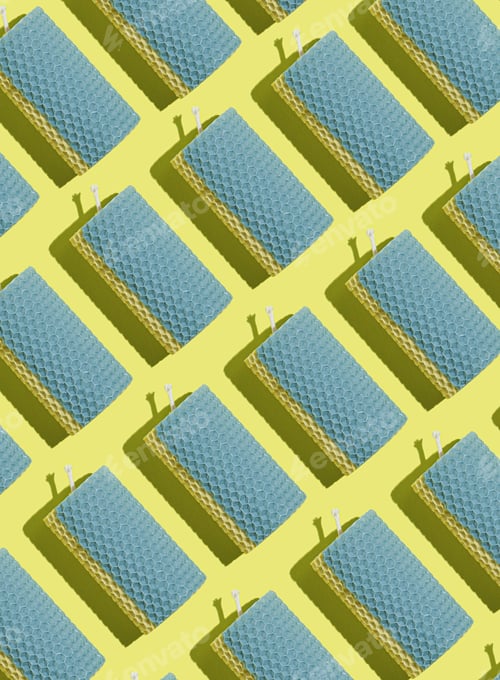 Preview: Candles pattern. A product of beekeeping. Blue wax candle on a yellow background. Bee honeycomb