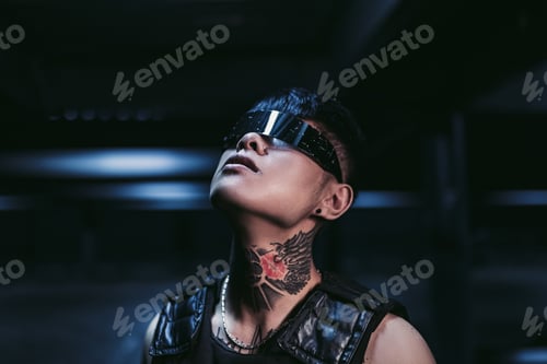 Preview: Cyberpunk style. Tattooed guy in one city. Cyber glasses.