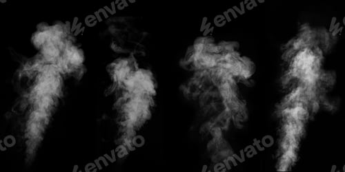 Preview: A perfect set of four different mystical curly white steam or smoke on a black background
