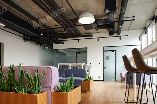 Preview: waiting zone with green plants, comfortable and cozy couch, high table and chairs, high tech style