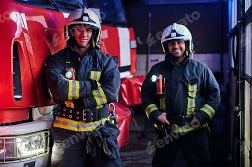 Preview: Two firemen standing near the fire truck at night in a fire depot